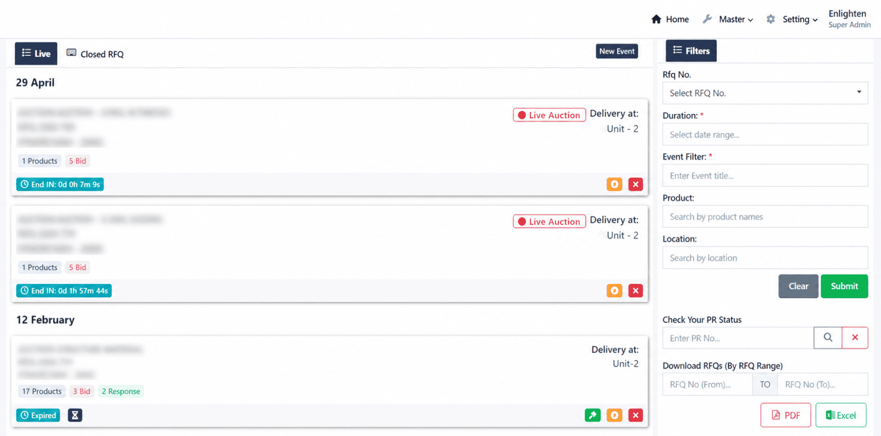 RFQ Events & Filtering